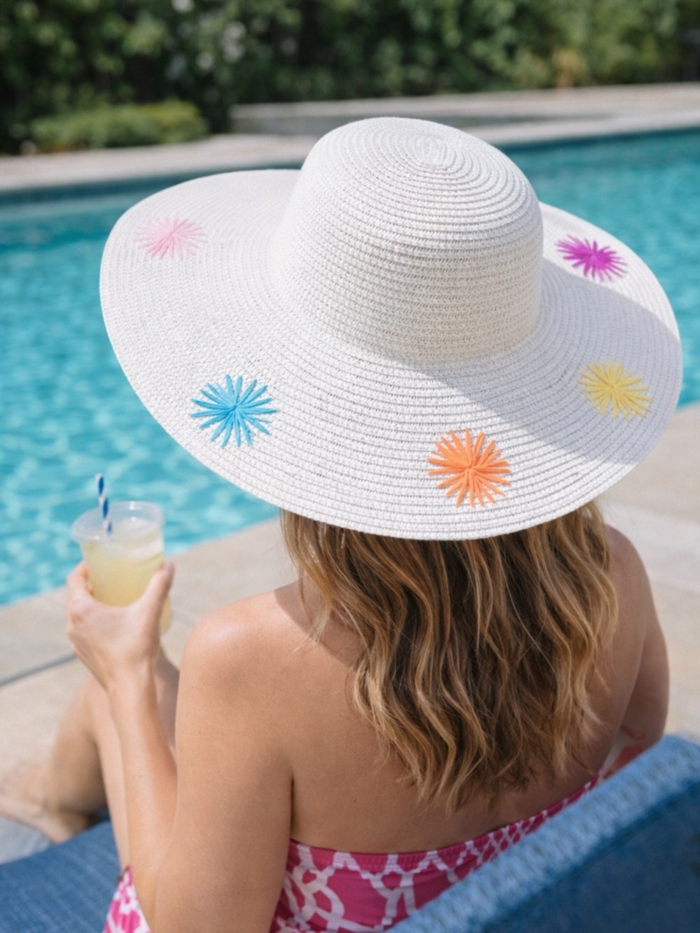 Marcus Adler White Straw Sun Hat Wide Brim Starburst